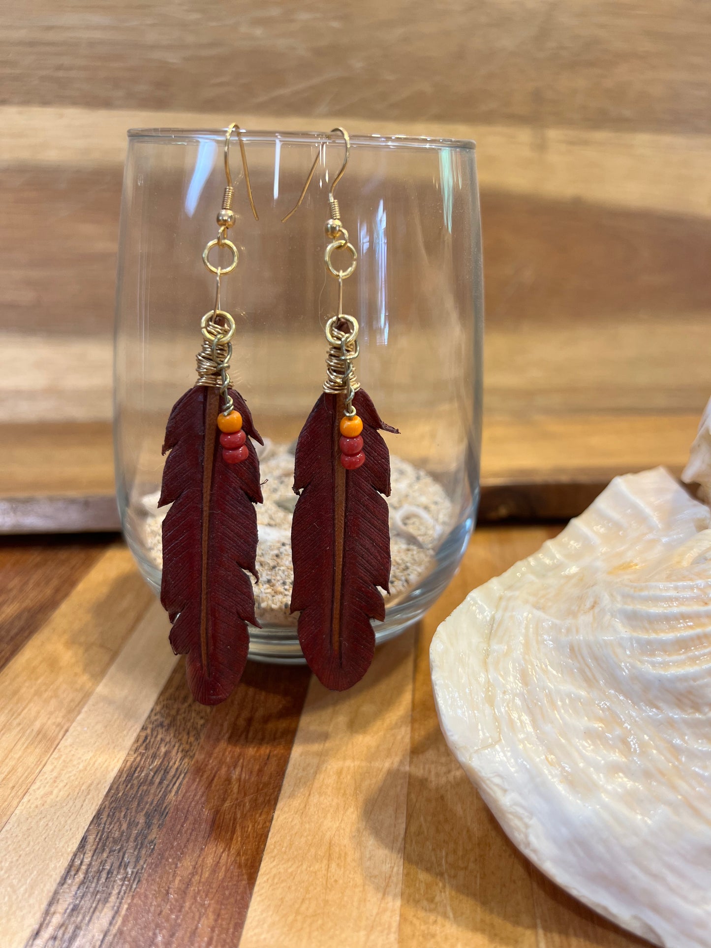 Leather Feather Earrings - Red Princess
