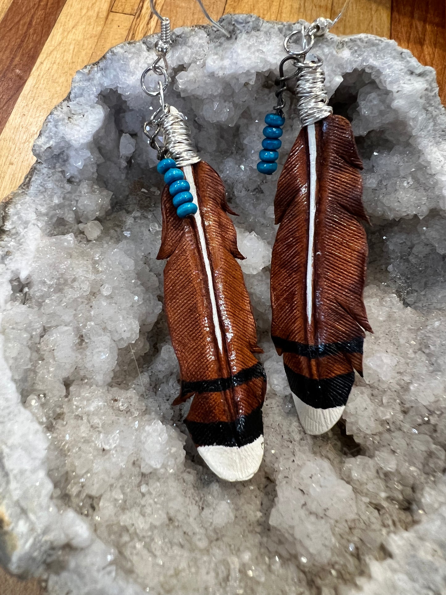 Leather Feather Earrings- White Tipped