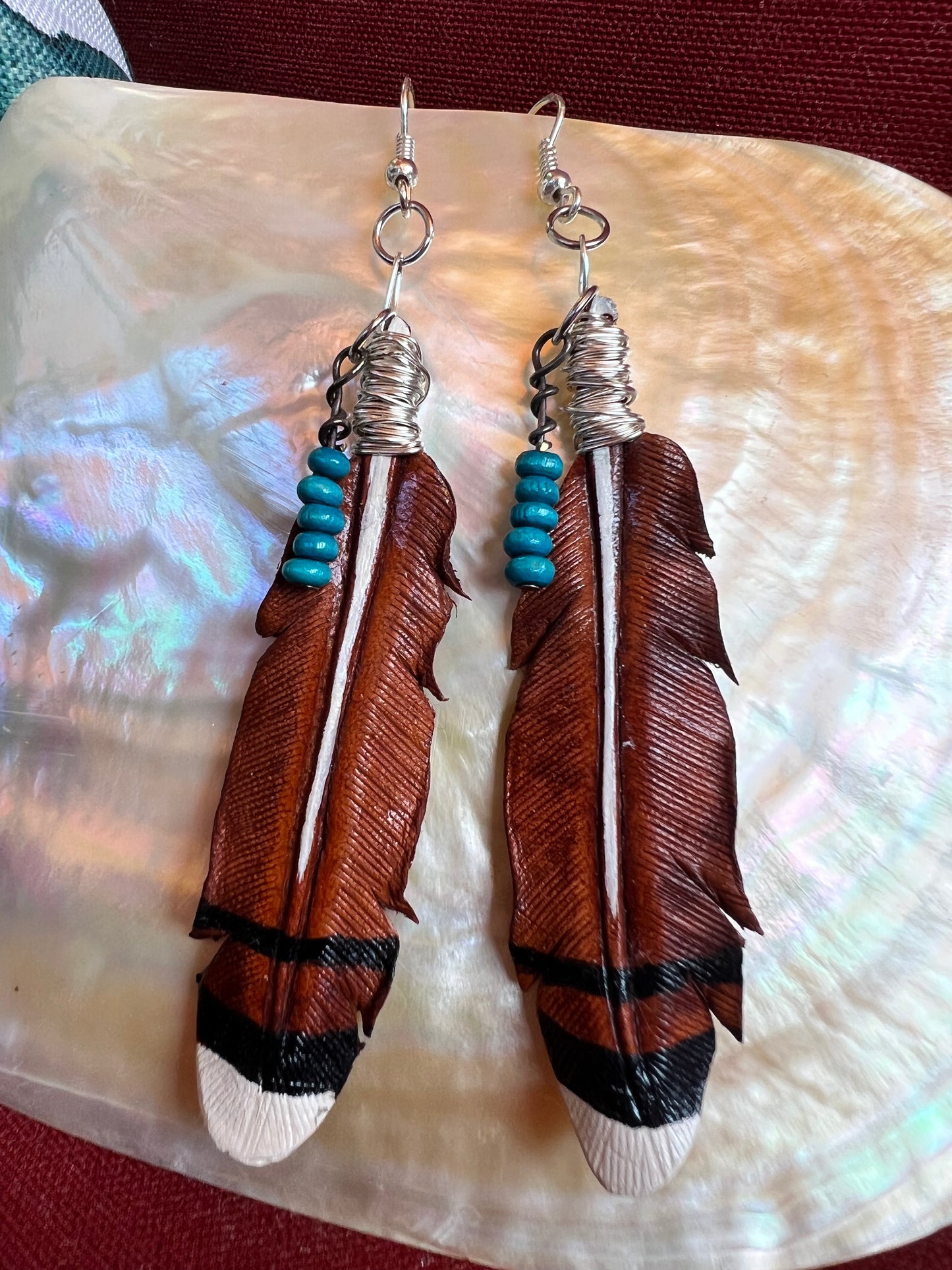Leather Feather Earrings- White Tipped