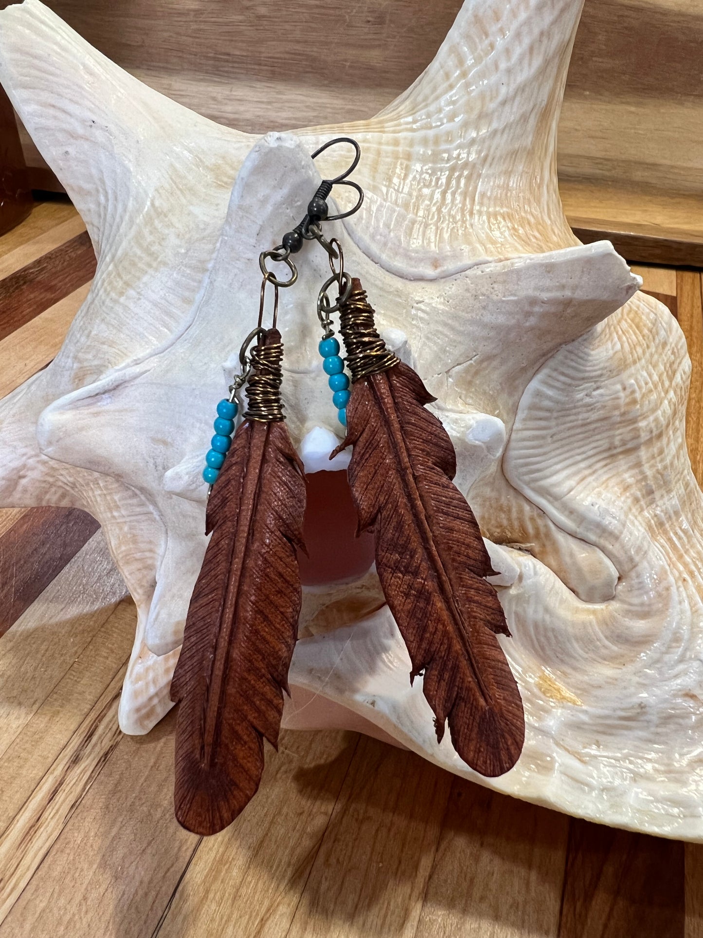 Leather Feather Earrings - Bootstrap Tan