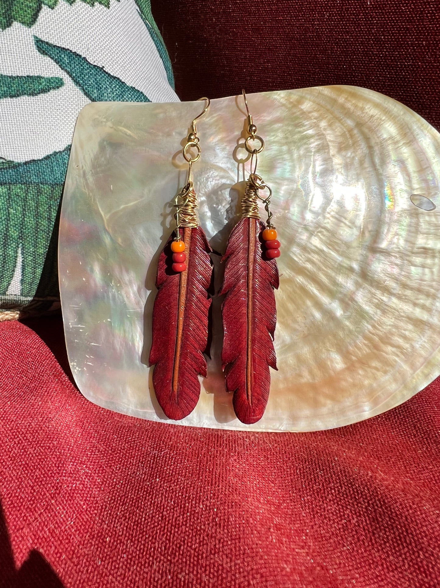 Leather Feather Earrings - Red Princess