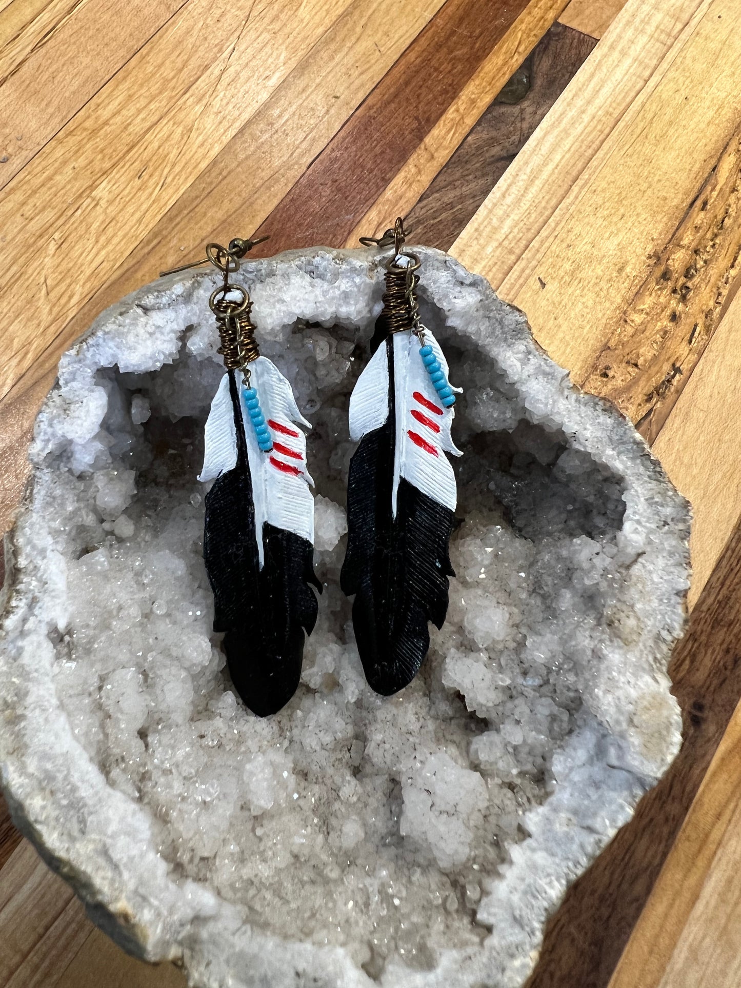 Leather Feather Earrings - RW&B