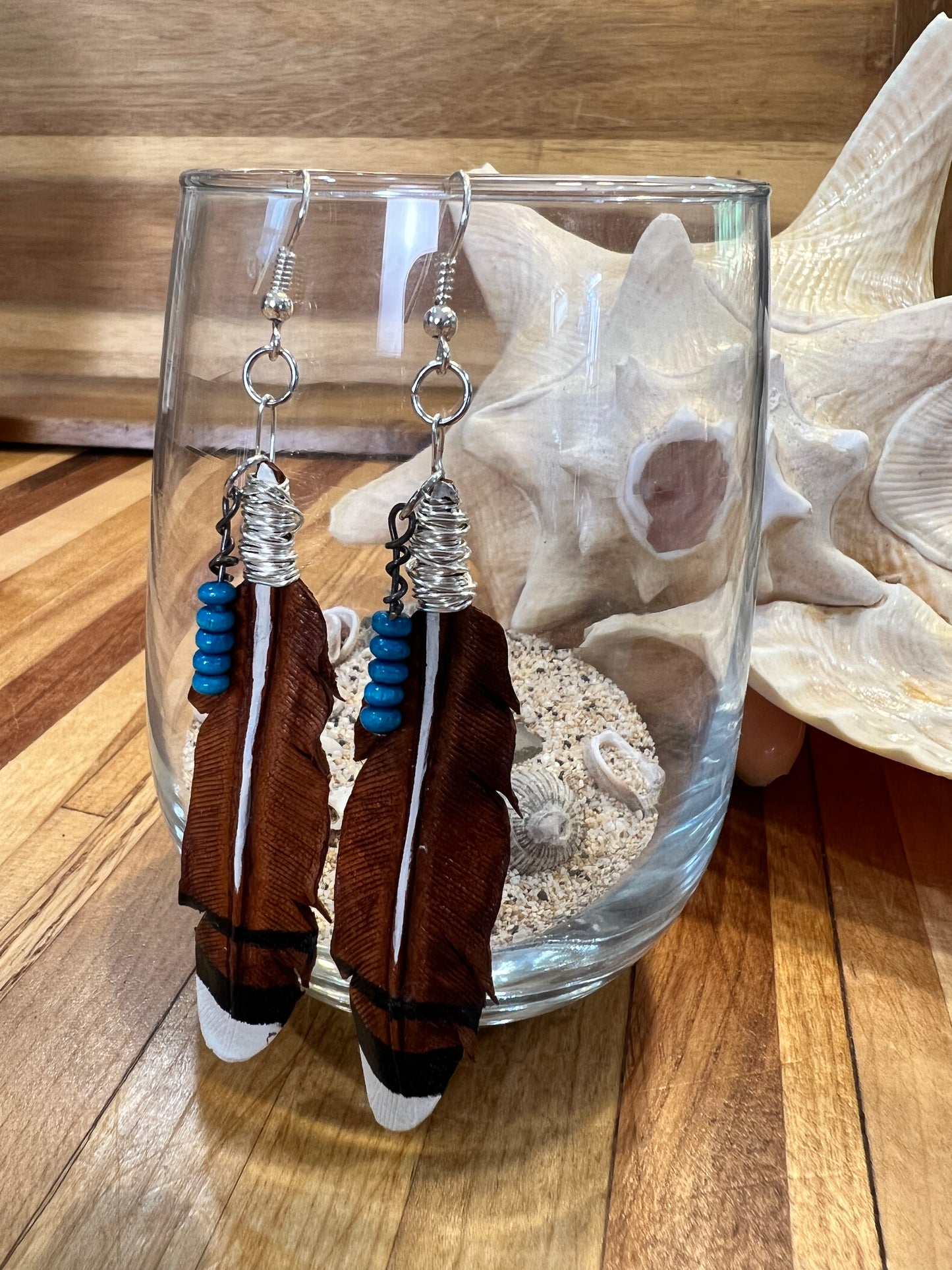 Leather Feather Earrings- White Tipped