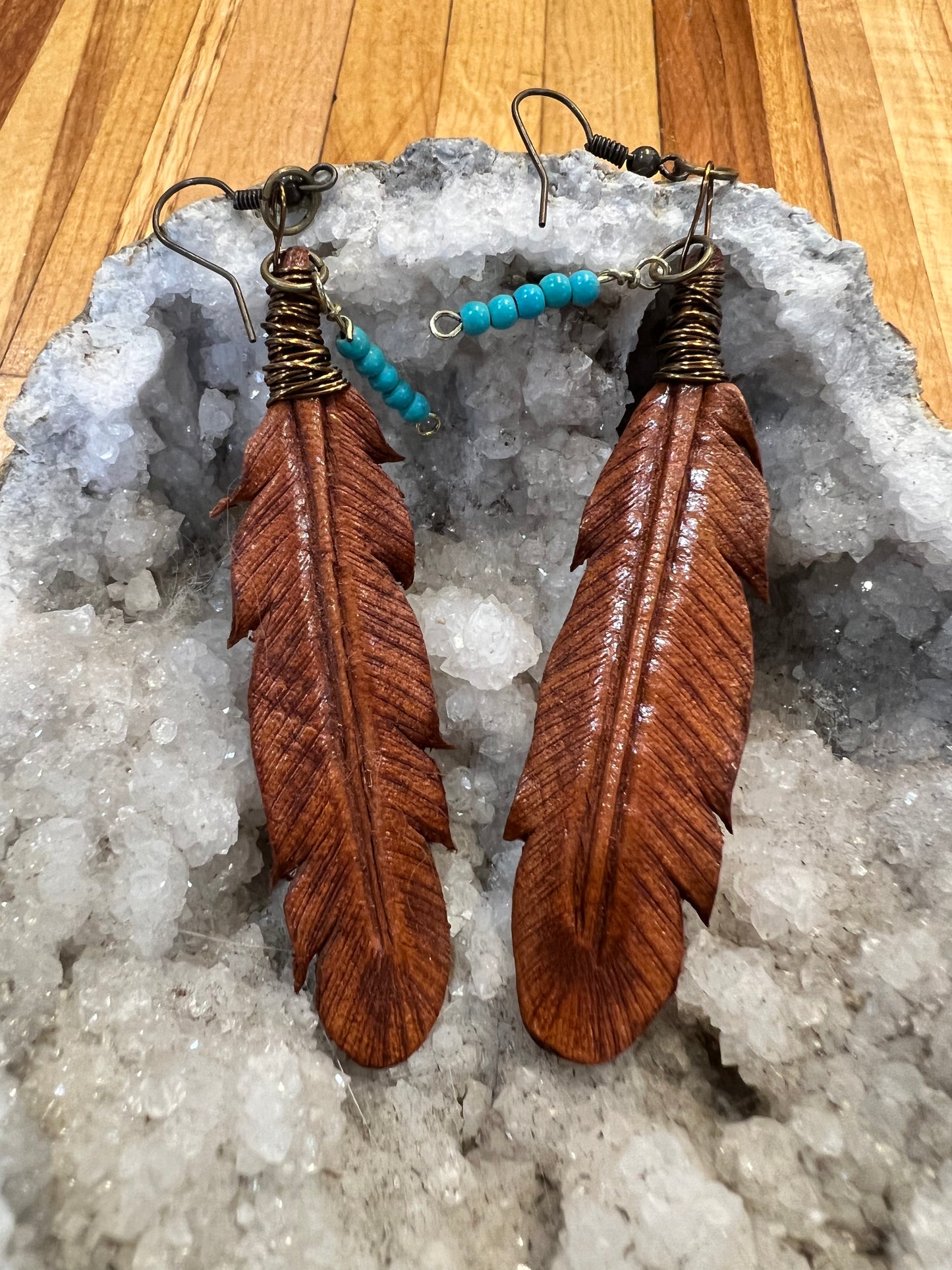 Leather Feather Earrings - Bootstrap Tan