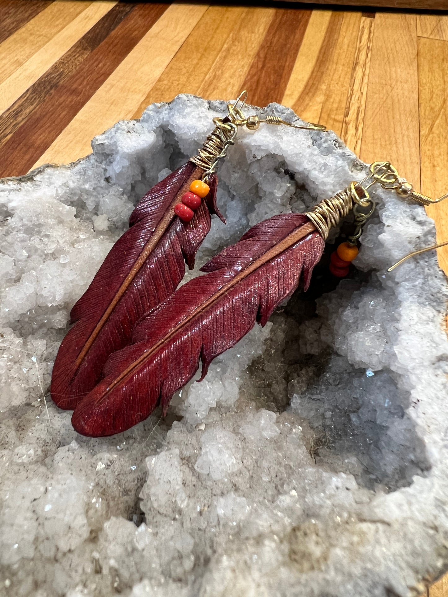 Leather Feather Earrings - Red Princess