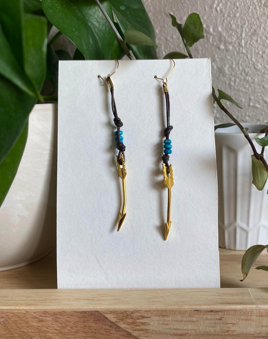 Gold Arrow Charm and Blue Wood Bead Dangle Earrings