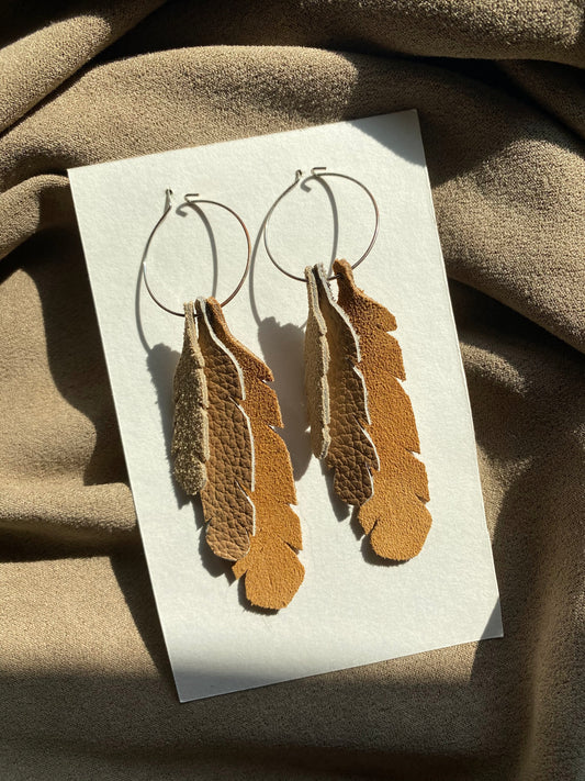 Three Leather Feathers Hoop Earrings