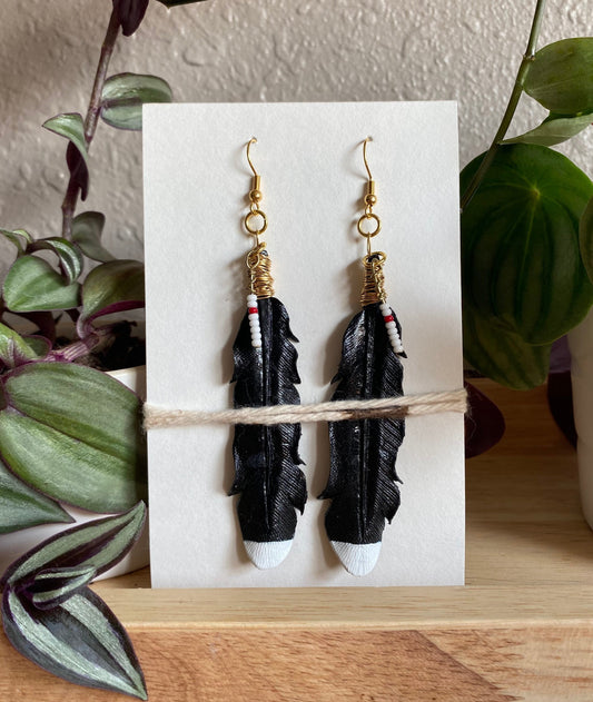 Boucles d'Oreilles Plumes en Cuir Artisanales - Noir et Blanc
