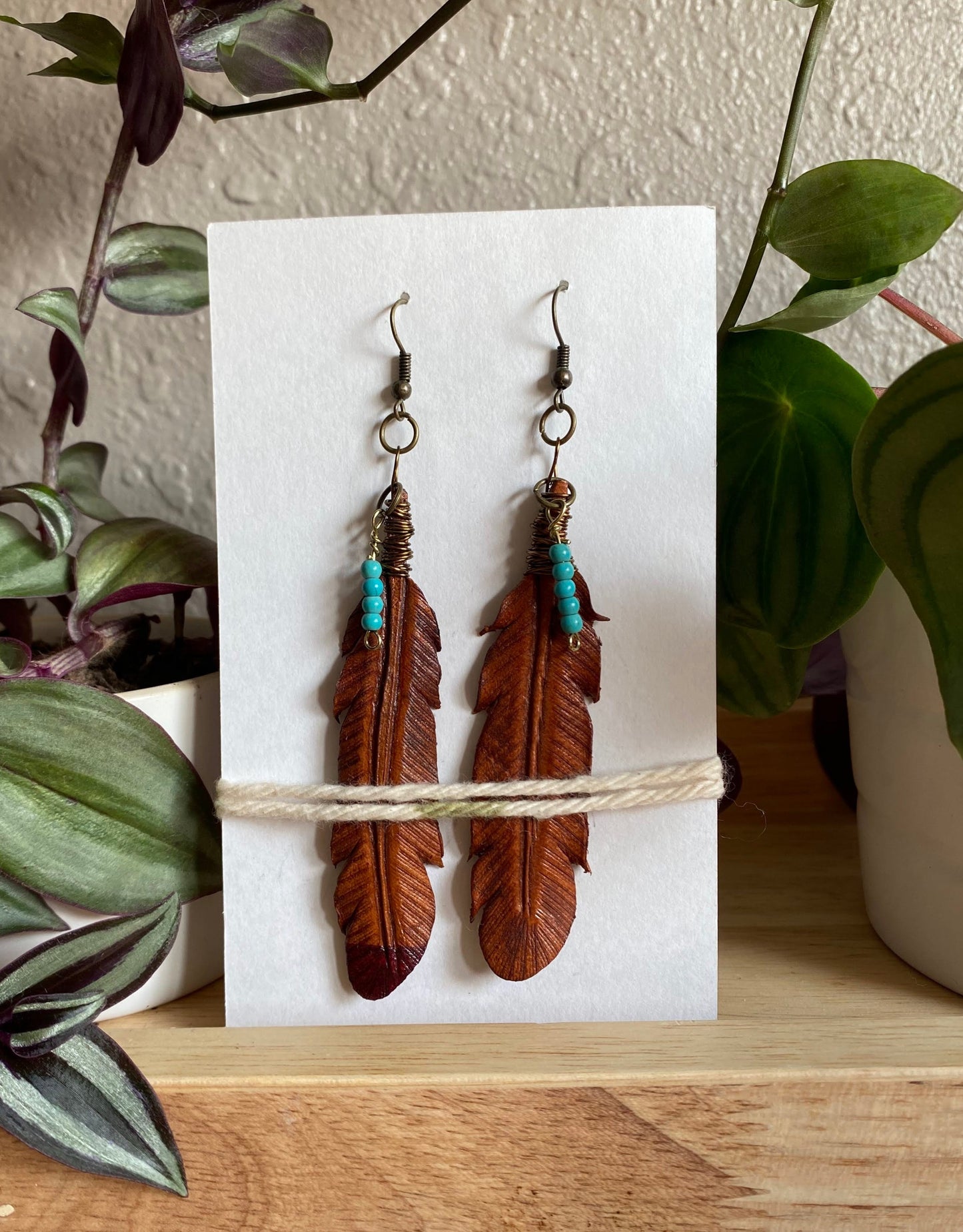 Leather Feather Earrings - Bootstrap Tan