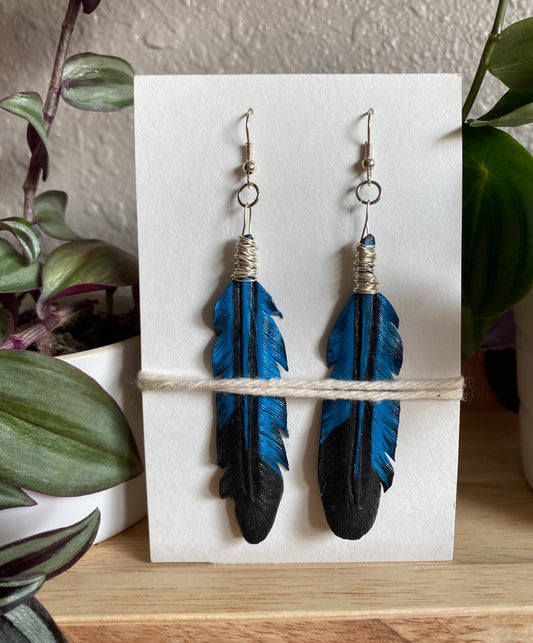 Boucles d'Oreilles Plumes en Cuir Artisanales - Noir et Bleu