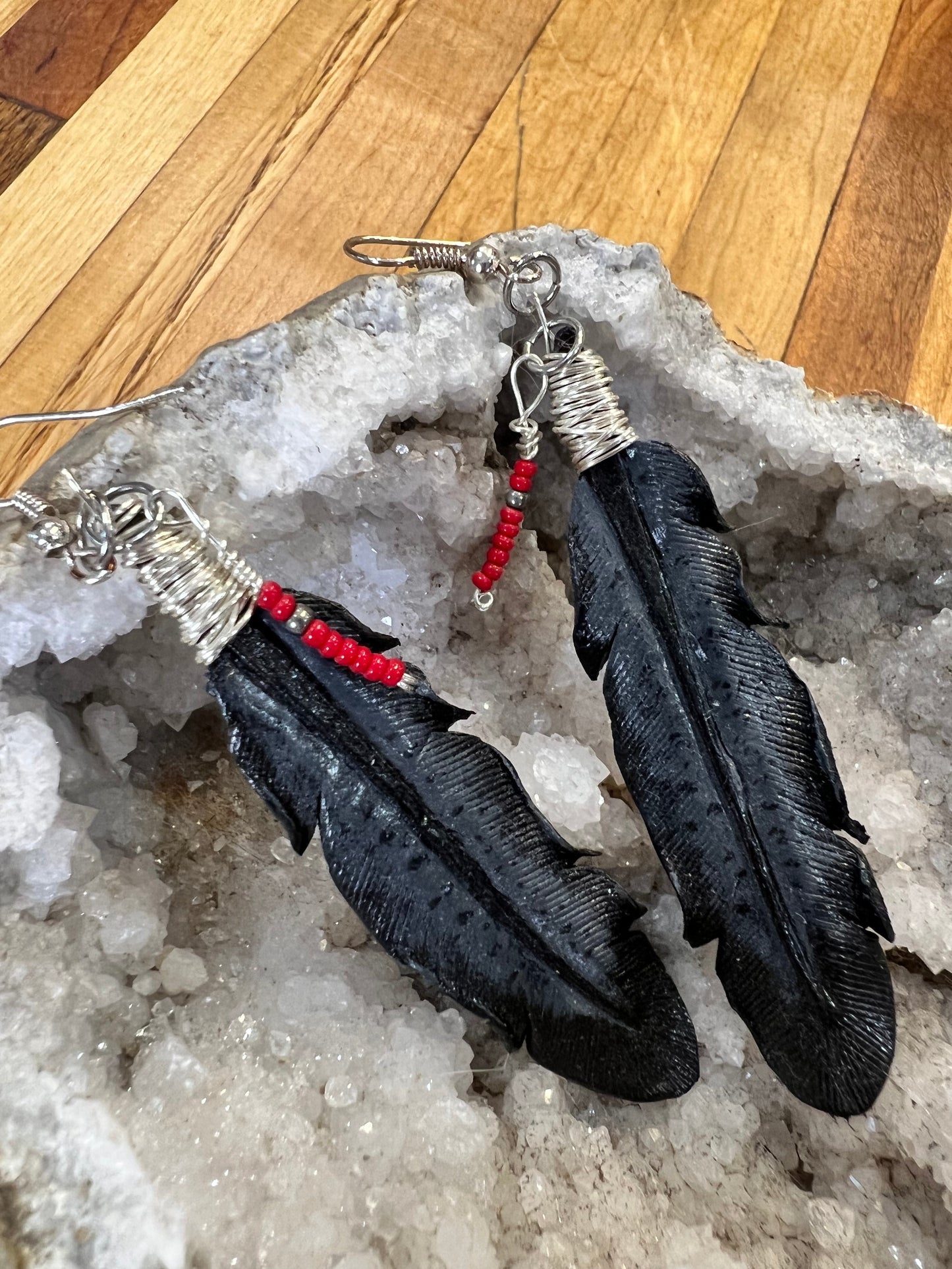 Leather Feather Earrings - Gray One