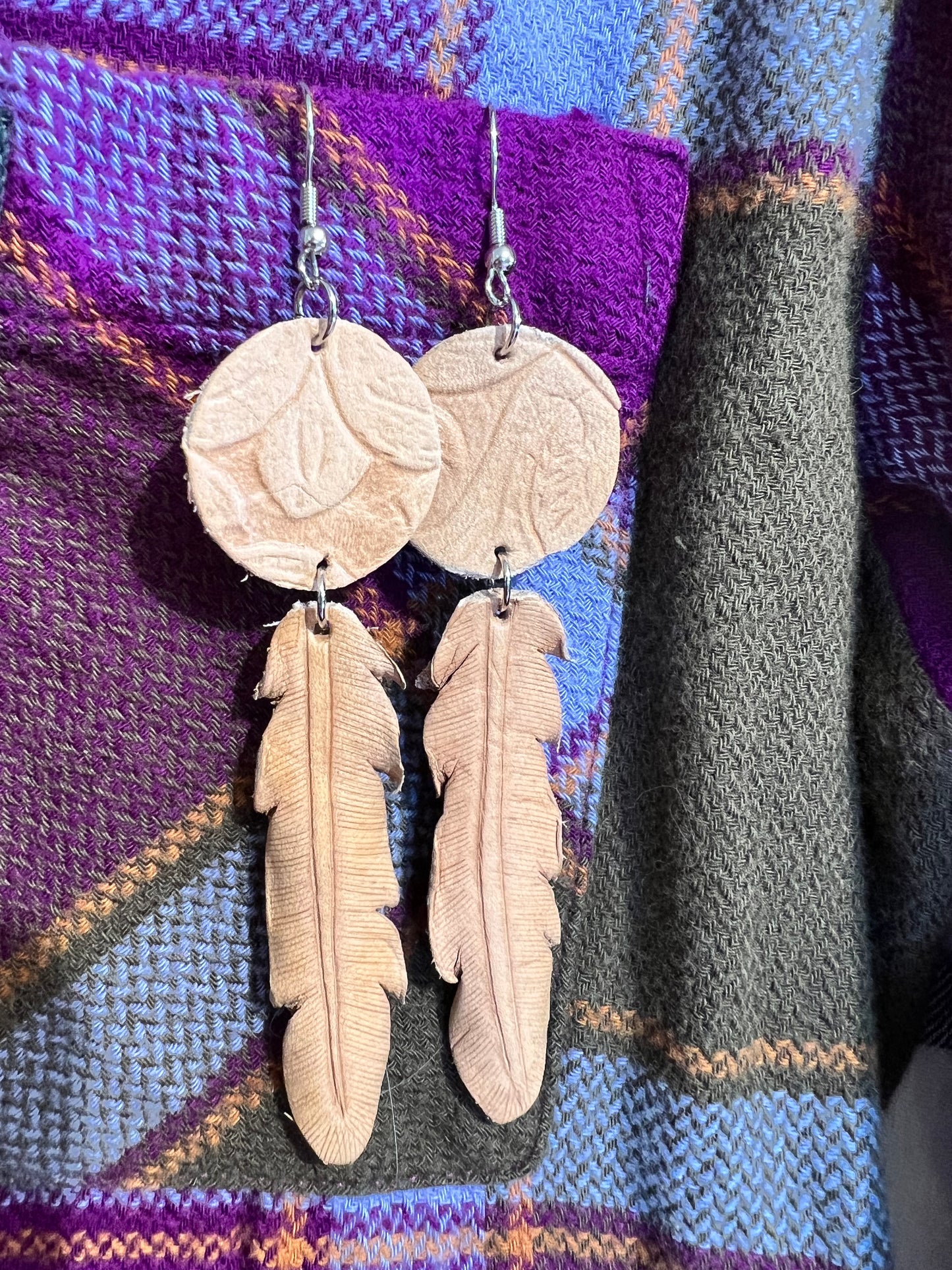 Nude Leather Feather Earrings