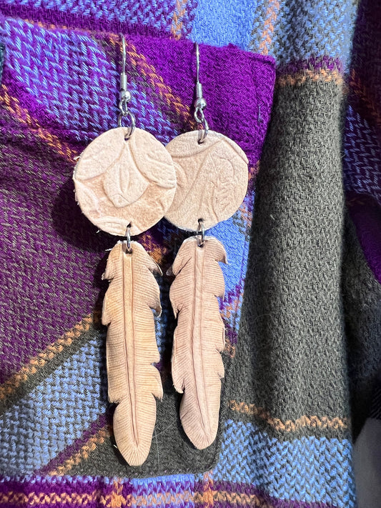 Nude Leather Feather Earrings