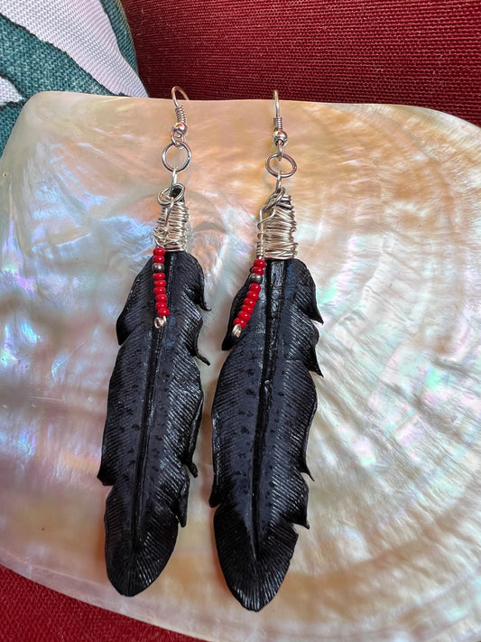 Leather Feather Earrings - Gray One