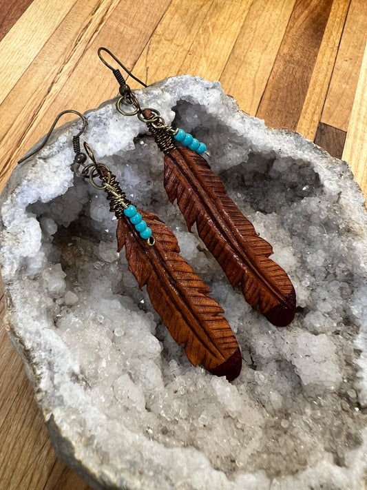 Leather Feather Earrings - Red Tipped