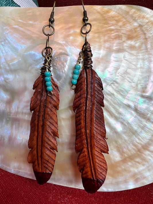 Leather Feather Earrings - Red Tipped