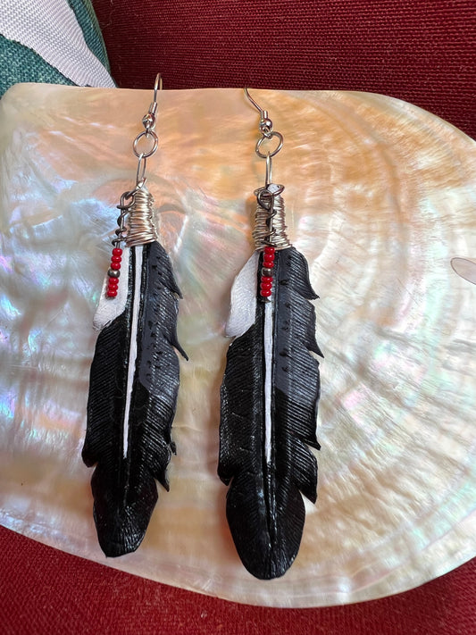 Leather Feather Earrings - Gray Pony