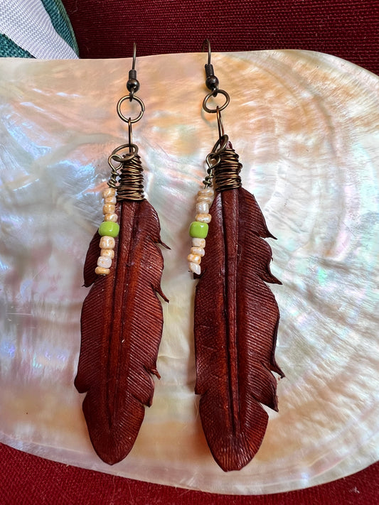 Leather Feather Earrings - Green Eyes