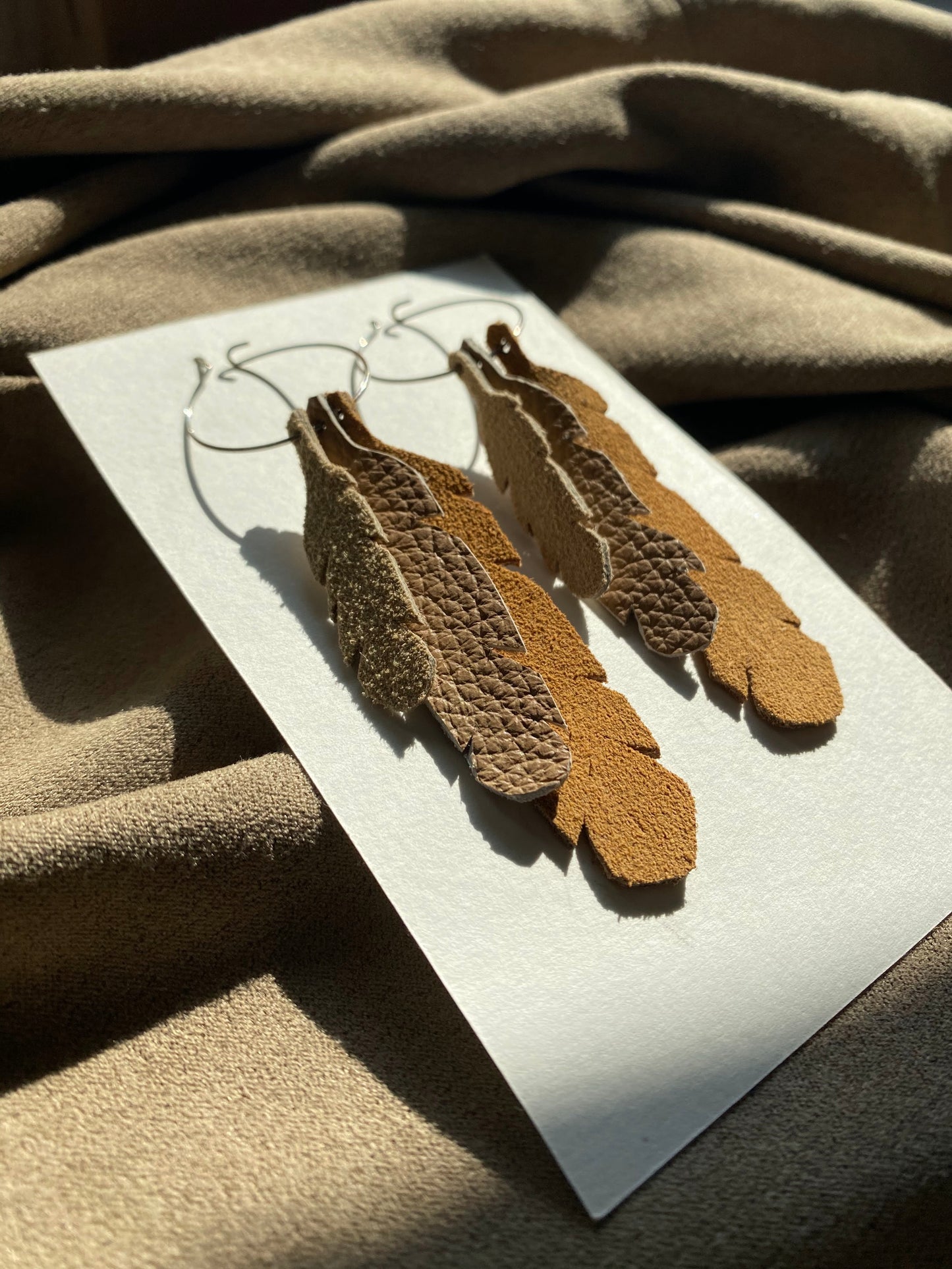 Three Leather Feathers Hoop Earrings