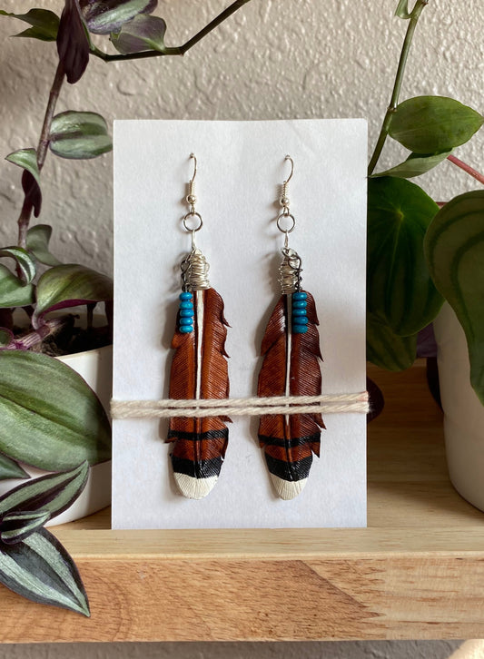 Leather Feather Earrings- White Tipped