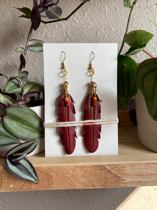 Leather Feather Earrings - Red Princess
