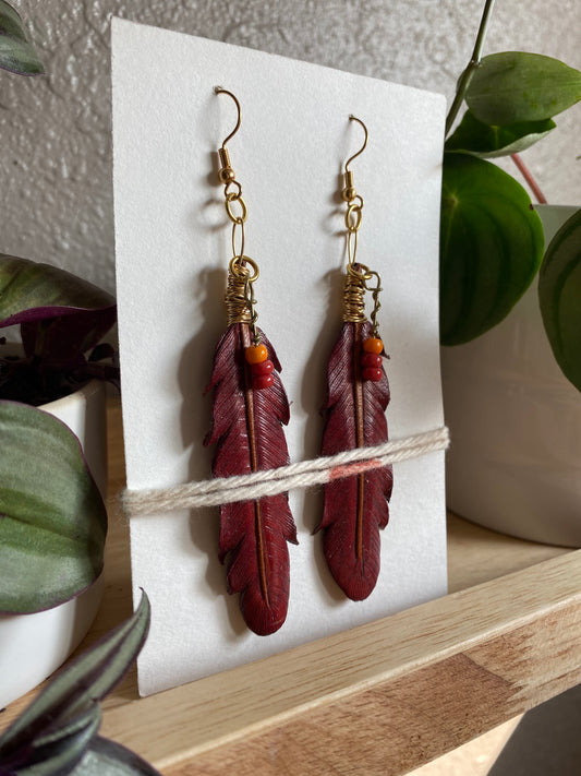 Leather Feather Earrings - Red Princess