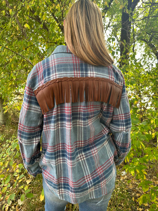 Flannel with leather fringe and miracle braid, size Lg