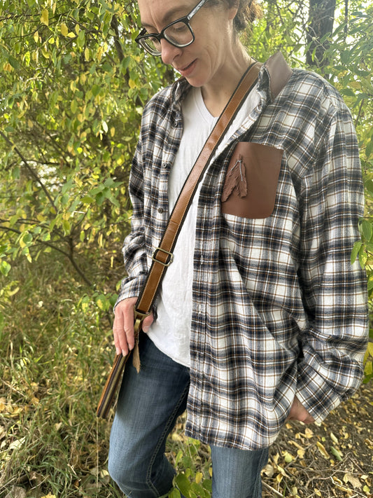 Flannel with leather feather pocket, size Lg
